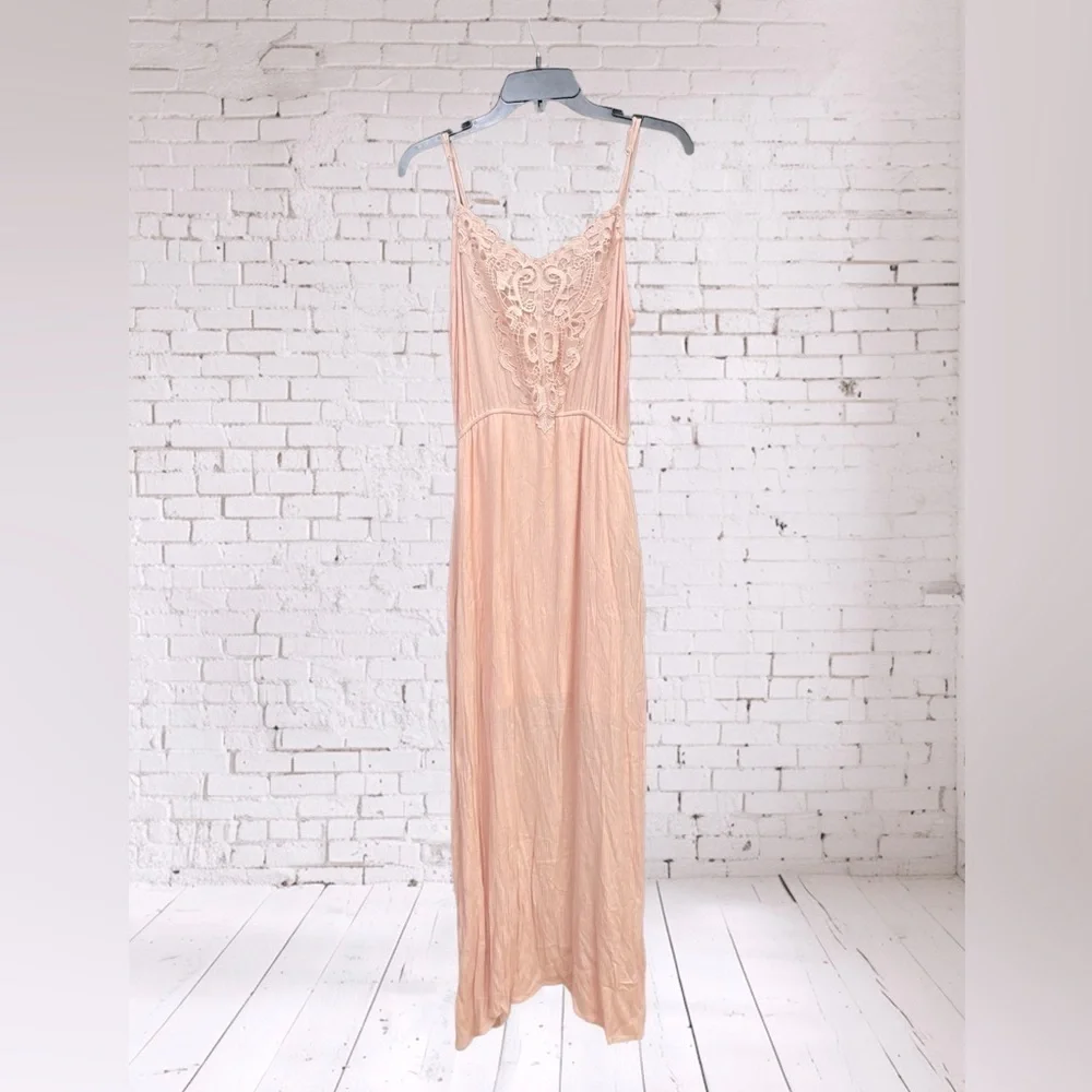 Dina Be Pink Crinkle Gauze Lace Maxi Dress Medium Elastic Waist Boho Beach Style